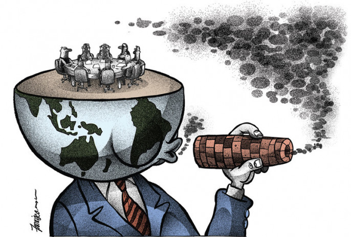 Карикатура. Планета Земля с засевшими в голове паразитами