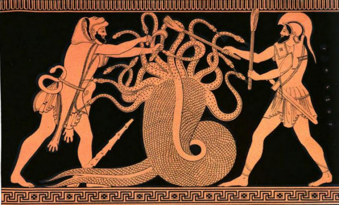 В древнегреческой мифологии многоголовую гидру уничтожил Геракл со своим племянником Иолаем