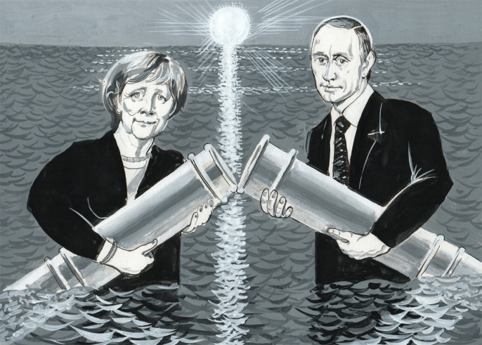 `Северный поток` состоялся. Ангела Меркель и Владимир Путин по морю, яко посуху, приблизились друг к другу и протянули стальные трубы, которые сошлись и лязгнули. Так лязгают железные рукопожатия, так грохочут стальные объятия, в которые заключили друг друга Германия и Россия.