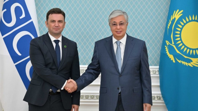 Президент Казахстана К.-Ж. Токаев на встрече с действующим с 2023 года председателем ОБСЕ премьер-министром Северной Македонии Б. Османи (г. Астана, 11 августа 2023 года)