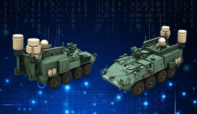 Визуализация системы наземного уровня тактической системы нового поколения на базе транспортного средства, которая обеспечивает интегрированный набор возможностей для радиотехнической разведки, радиоэлектронной борьбы и киберопераций.
